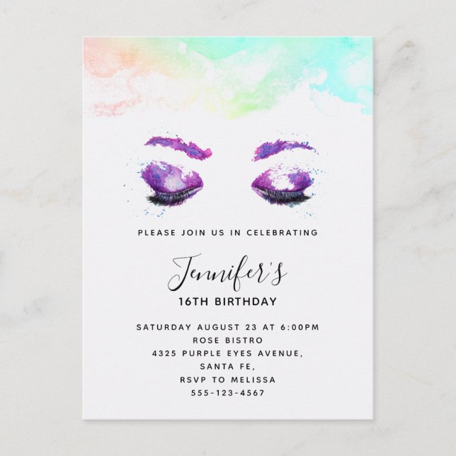 Glamourous Purple Eyes & Brows Watercolor Birthday Invitation Postcard (Front)