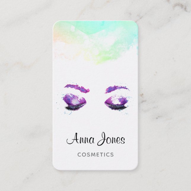 Glamourous Purple Eyes & Brows Watercolor Business Card (Front)