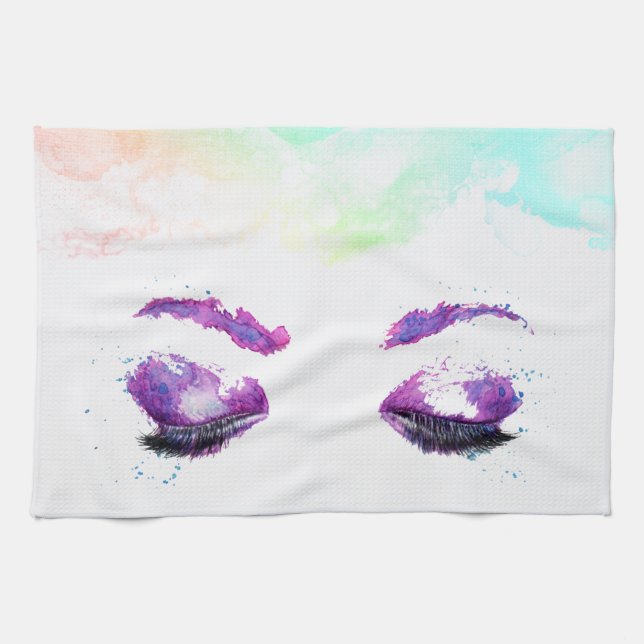 Glamourous Purple Eyes & Brows Watercolor Kitchen Towel (Horizontal)