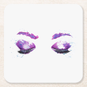 Glamourous Purple Eyes & Brows Watercolor Square Paper Coaster