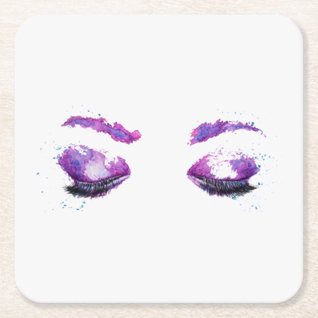 Glamourous Purple Eyes & Brows Watercolor Square Paper Coaster (Front)