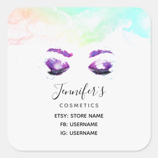 Glamourous Purple Eyes & Brows Watercolor Square Sticker (Front)