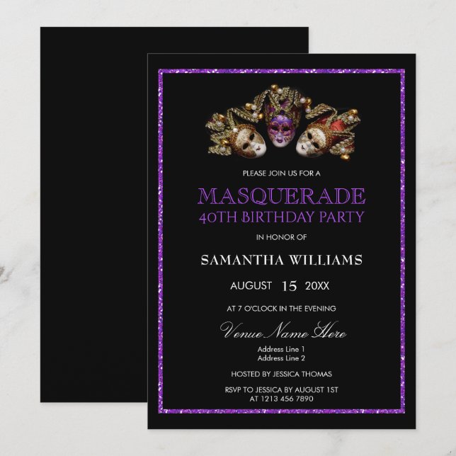 Glamourous Purple Glitter  Masquerade 40th Birthda Invitation (Front/Back)