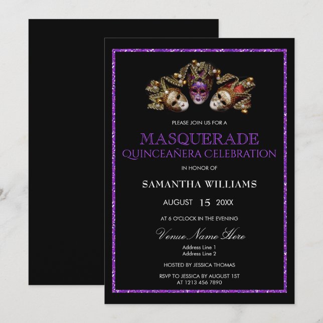 Glamourous Purple Glitter  Masquerade Quinceañera Invitation (Front/Back)