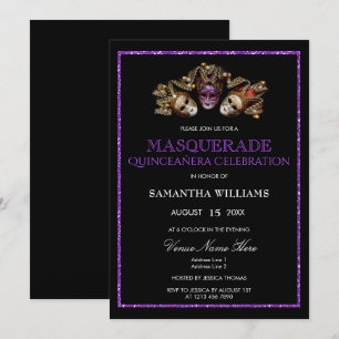 Glamourous Purple Glitter Masquerade Quinceañera Invitation