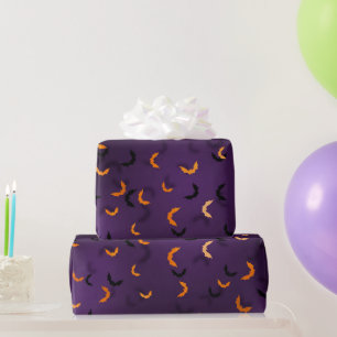 Glamourous Purple & Orange Bats Halloween Bokeh Wrapping Paper