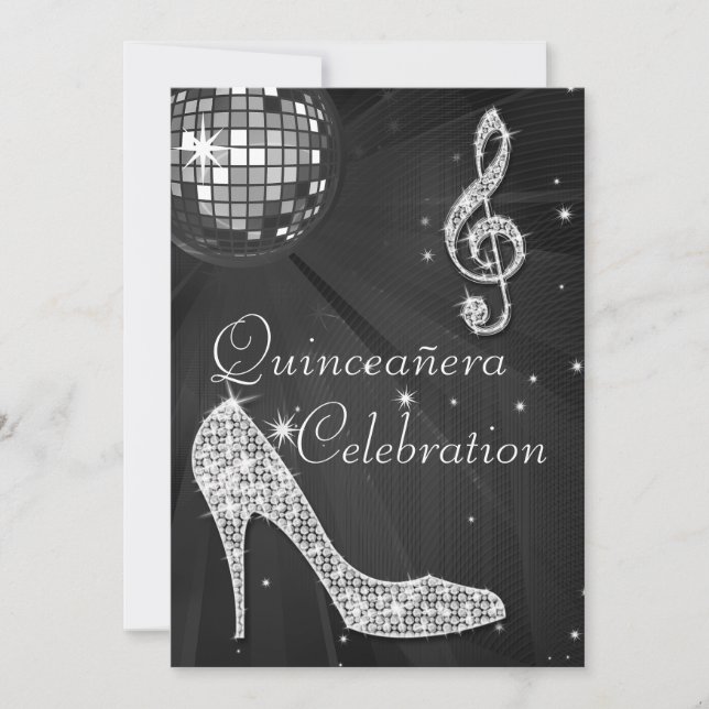 Glamourous Quinceañera Disco Ball and Sparkle Heel Invitation (Front)
