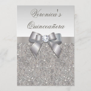 Glamourous Quinceañera Faux Silver Sequins and Bow Invitation