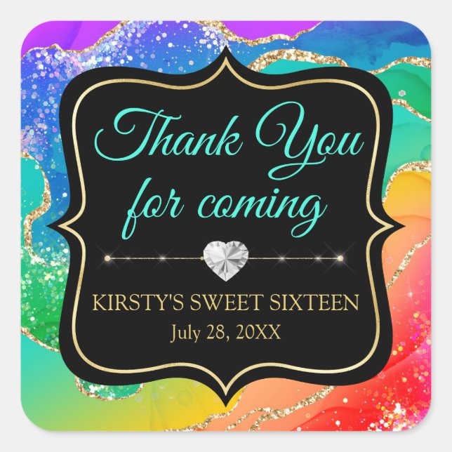 Glamourous Rainbow Alcohol Ink Agate Sweet 16 Square Sticker (Front)