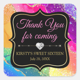 Glamourous Rainbow Alcohol Ink Agate Sweet 16 Square Sticker