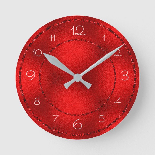 Glamourous Red Glitter and Shiny Foil Round Clock (Front)