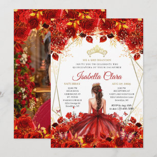 Glamourous Red & Gold Floral Princess Quinceanera Invitation