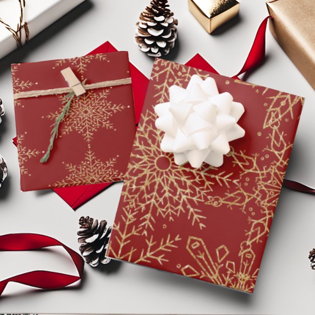 Glamourous Red Gold Winter Snowflake Patterns Wrapping Paper Sheet (Creator Uploaded)