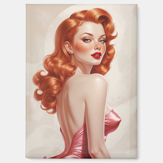 Glamourous Redhead Pin-Up Pink Dress  Magnet (Front)
