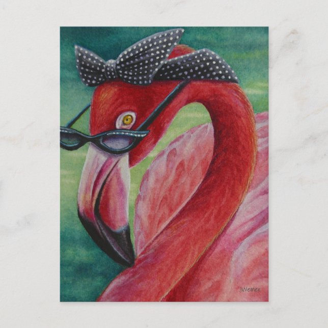 Glamourous Retro Pink Flamingo Watercolor Art  Postcard (Front)