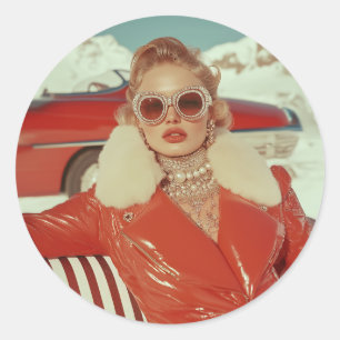 Glamourous Retro Winter Style in Alpine Setting Classic Round Sticker