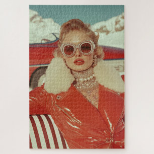 Glamourous Retro Winter Style in Alpine Setting Jigsaw Puzzle