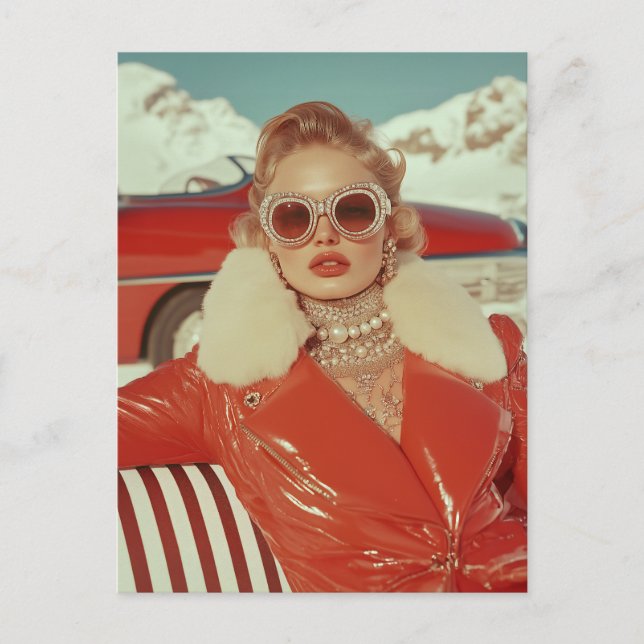 Glamourous Retro Winter Style in Alpine Setting Postcard (Front)