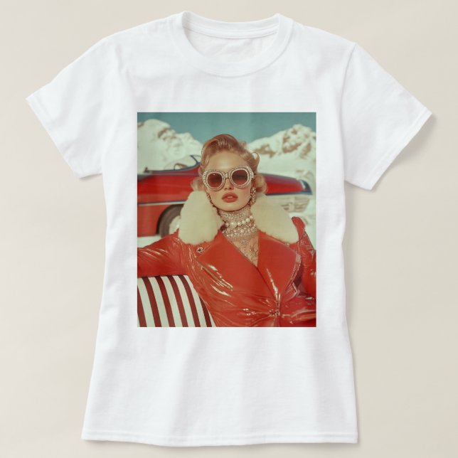 Glamourous Retro Winter Style in Alpine Setting T-Shirt (Design Front)