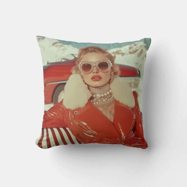 Glamourous Retro Winter Style in Alpine Setting Throw Pillow (Front)