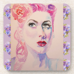Glamourous Retro Woman Vintage Purple Watercolor Coaster