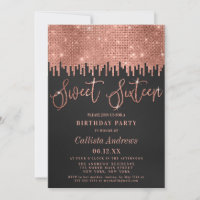 Glamourous Rose Gold Black Glitter Pixels Sweet 16