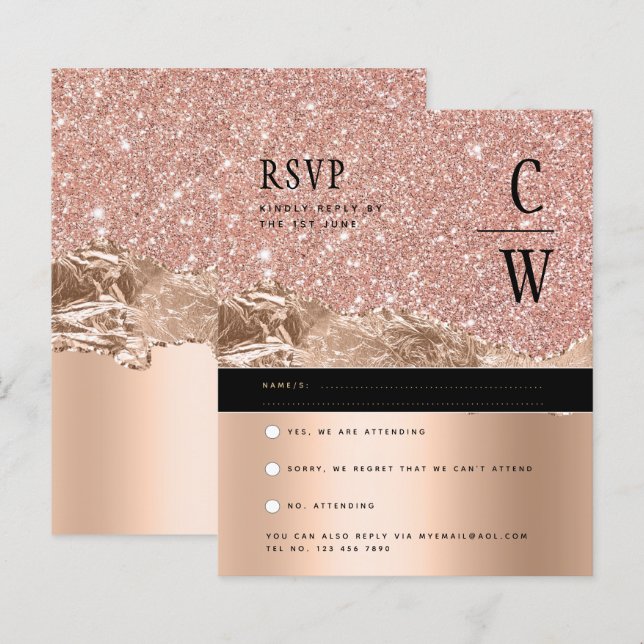Glamourous ROSE Gold Black Wedding RSVP (Front/Back)