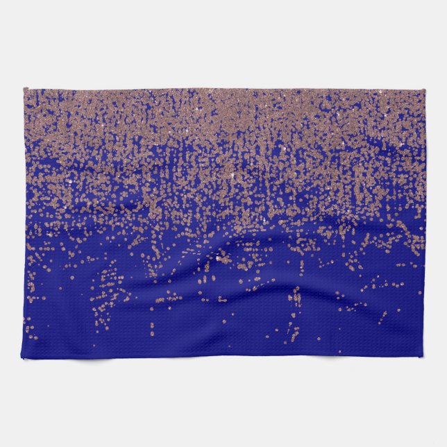 Glamourous Rose Gold Cobalt Blue Glitter Ombre Kitchen Towel (Horizontal)