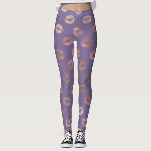 Glamourous Rose Gold Foil and Lavender Lips Leggings (Front)
