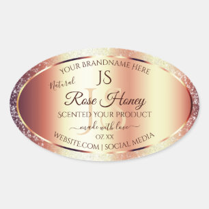 Glamourous Rose Gold Glitter Initials Product Labe Oval Sticker
