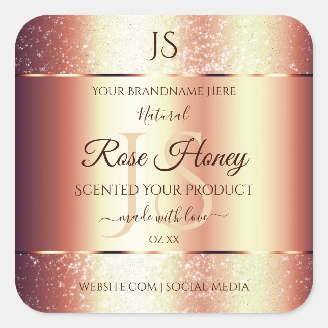 Glamourous Rose Gold Glitter Initials Product Labe Square Sticker (Front)