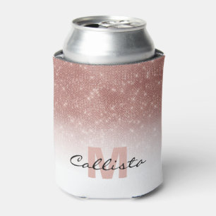 Glamourous Rose Gold Glitter Sequin Ombre Monogram Can Cooler