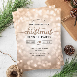 Glamourous Rose Gold Lights Christmas Dinner Party Invitation