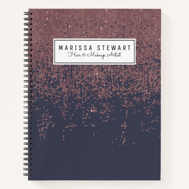 Glamourous Rose Gold Navy Blue Glitter Ombre Notebook (Front)
