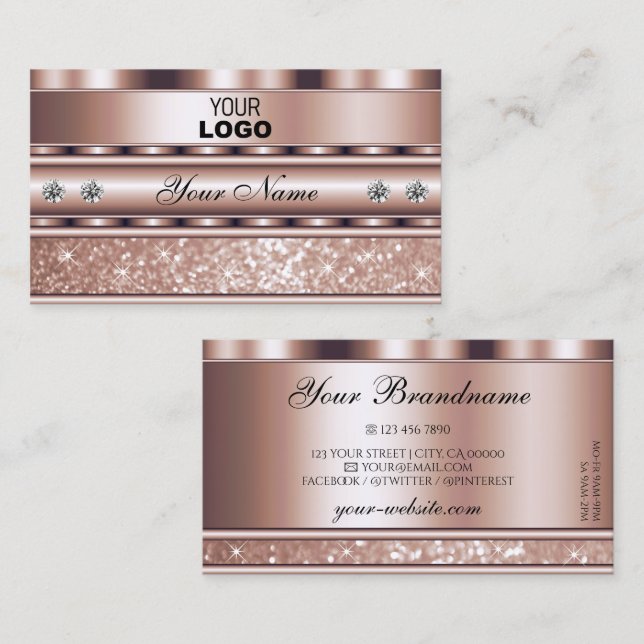 Glamourous Rose Gold Sparkle Glitter Stars Add Log Business Card (Front/Back)