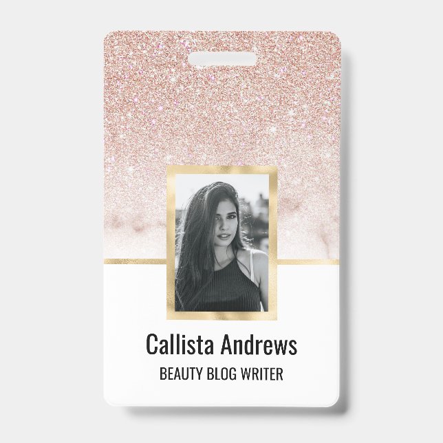 Glamourous Rose Gold White Glitter Marble Gradient Badge (Front)