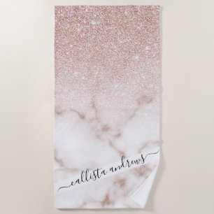 Glamourous Rose Gold White Glitter Marble Gradient Beach Towel