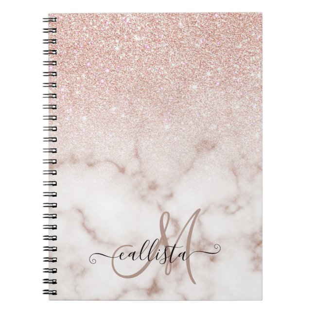 Glamourous Rose Gold White Glitter Marble Gradient Notebook (Front)