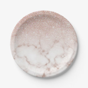 Glamourous Rose Gold White Glitter Marble Gradient Paper Plate