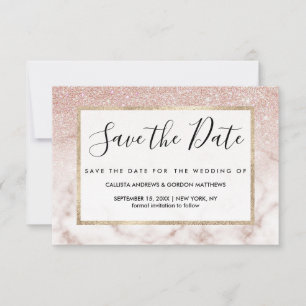 Glamourous Rose Gold White Glitter Marble Gradient Save The Date