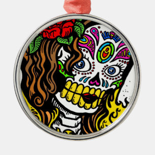 Glamourous Rose Sugar Skull Metal Ornament