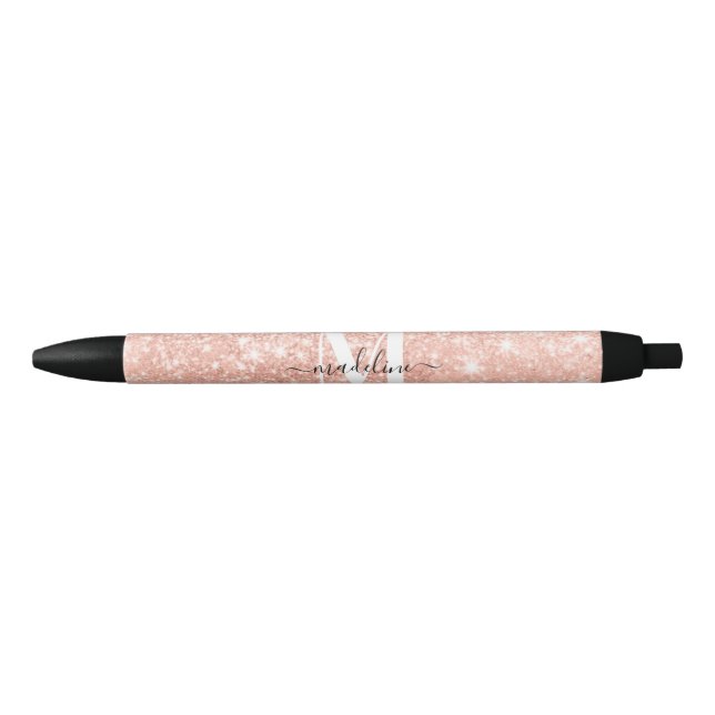 Glamourous Rosegold Glitter Elegant Script Monogra Black Ink Pen (Front)