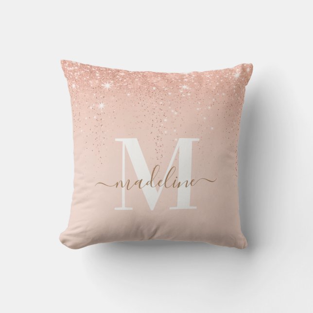 Glamourous Rosegold Glitter Elegant Script Monogra Throw Pillow (Front)
