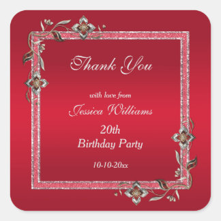Glamourous Ruby Red Gems & Glitter Birthday Square Sticker