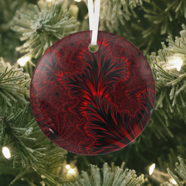 Glamourous Shiny Red Fractal Leaves Suncatcher  Glass Ornament (Insitu)