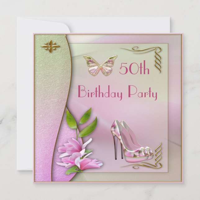 Glamourous Shoes Magnolia & Butterfly 50th Birthda Invitation (Front)