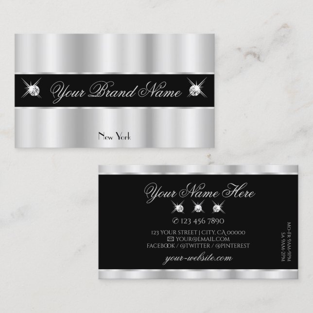 Glamourous Silver Black Sparkling Diamonds Elegant Business Card (Front/Back)