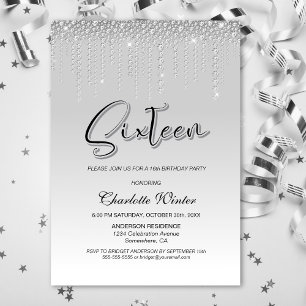Glamourous Silver Diamonds 16th Birthday Invitatio Invitation