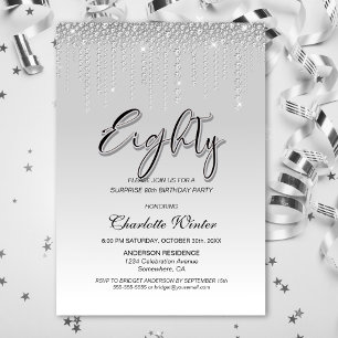 Glamourous Silver Diamonds Surprise 80th Birthday Invitation
