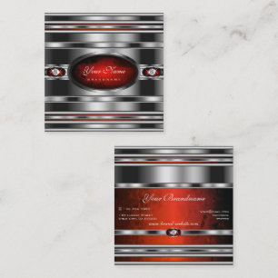 Glamourous Silver Effect Red Marble with Diamonds  Square Business Card
